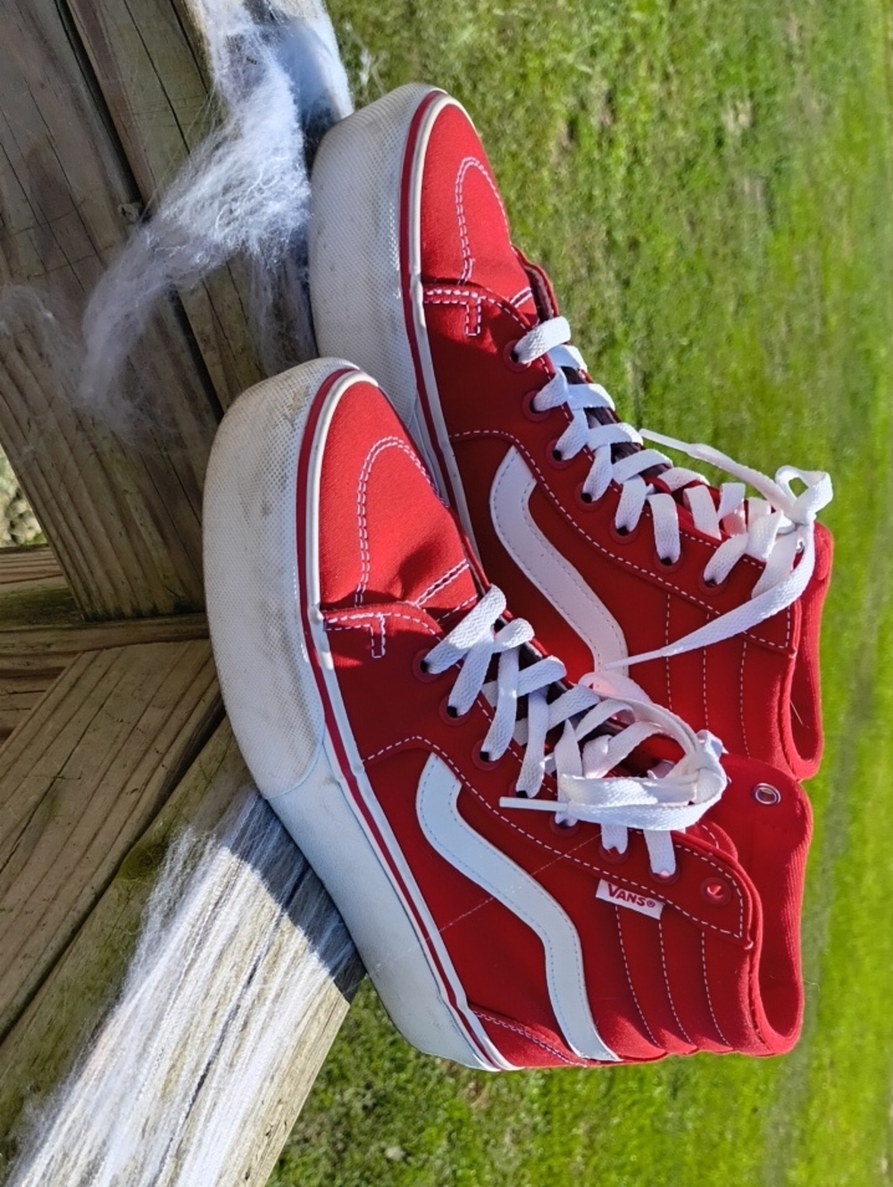 Vans Red and White Kids High-Top Skate Sneakers